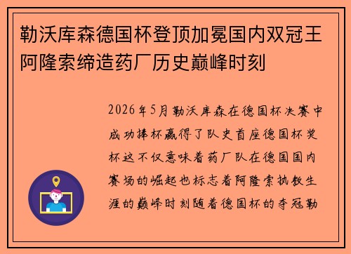 勒沃库森德国杯登顶加冕国内双冠王阿隆索缔造药厂历史巅峰时刻